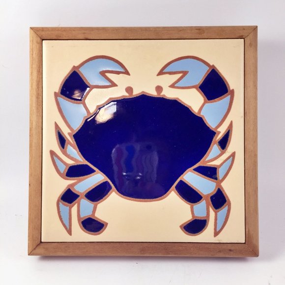 Ceramic Blue Crab Tile Framed Trivet Wall Decor Tropical Coastal - Picture 1 of 6